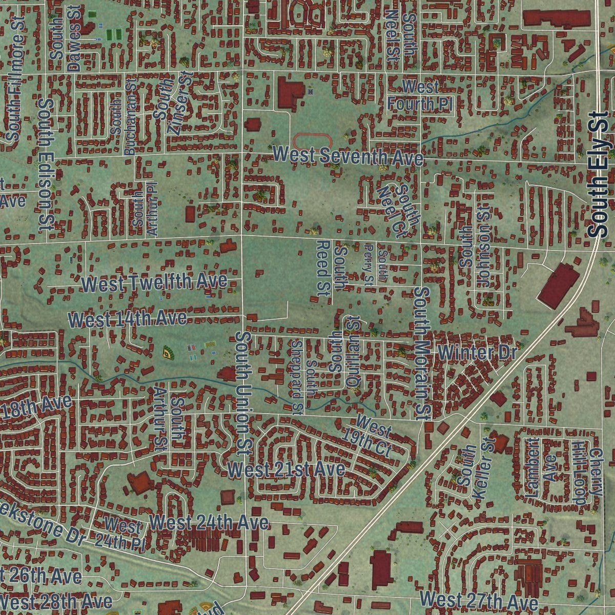 Second close-up of the map of Kennewick, Washington print showing more streets and buildings