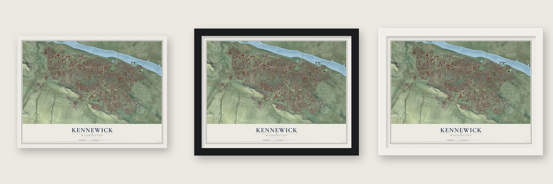 Kennewick, Washington map unframed, in a black wood frame and in a white wood frame