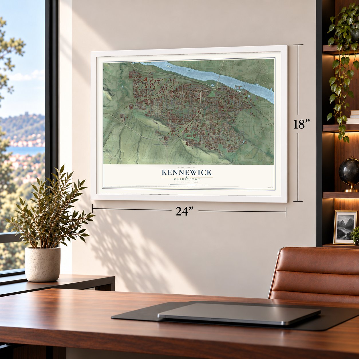 Kennewick, Washington map, 18 x 24 inch print in a white frame in a home office