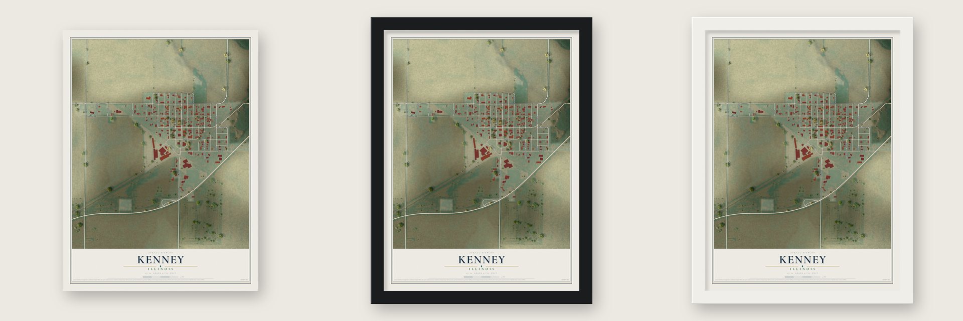 Kenney, Illinois map unframed, in a black wood frame and in a white wood frame