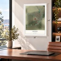 Kenney, Illinois map, 18 x 24 inch print in a white frame in a home office