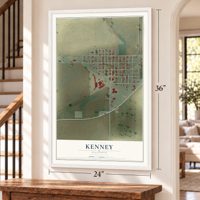 Kenney, Illinois map, 24 x 36 inch print in a white frame by a staircase