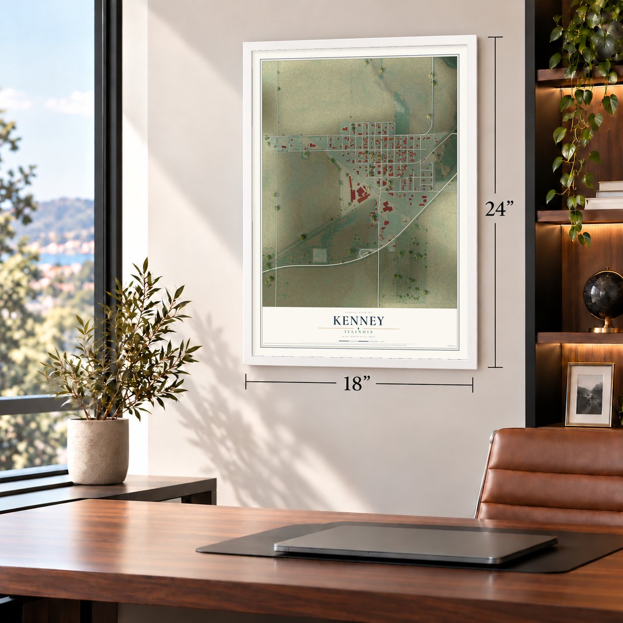Kenney, Illinois map, 18 x 24 inch print in a white frame in a home office