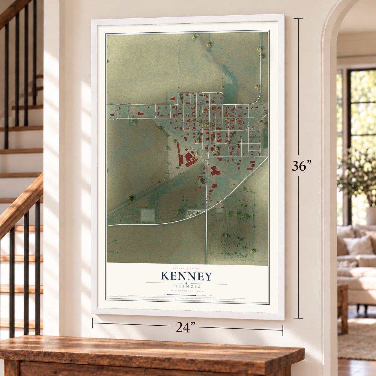 Kenney, Illinois map, 24 x 36 inch print in a white frame by a staircase