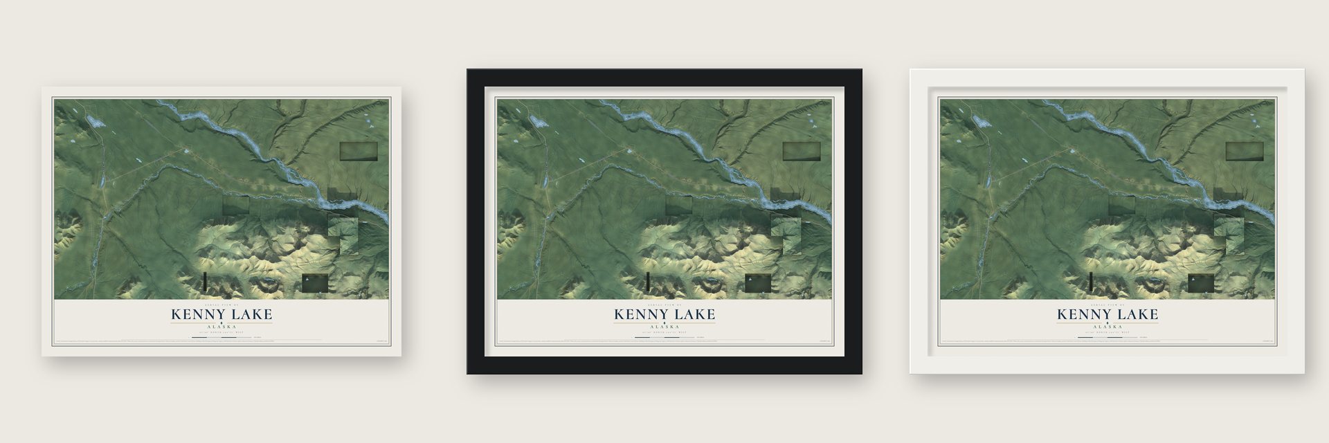 Kenny Lake, Alaska map unframed, in a black wood frame and in a white wood frame