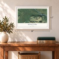 Kenny Lake, Alaska map, 12 x 18 inch print in a white frame in an entryway
