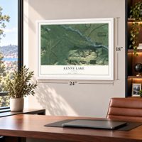 Kenny Lake, Alaska map, 18 x 24 inch print in a white frame in a home office