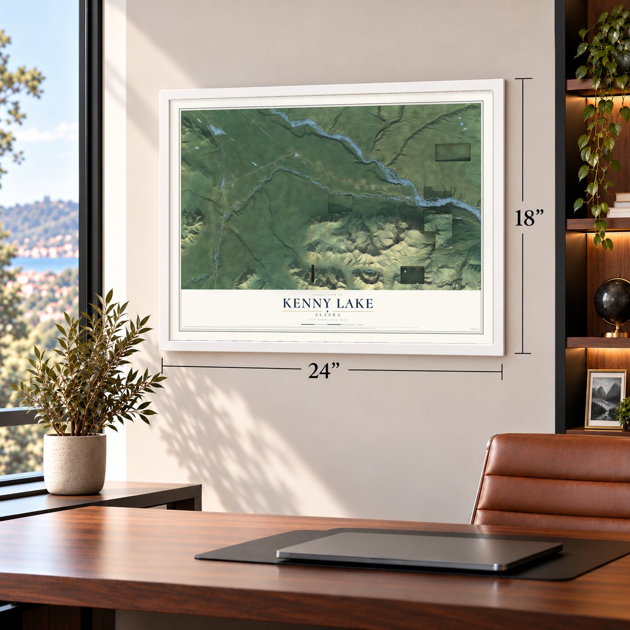 Kenny Lake, Alaska map, 18 x 24 inch print in a white frame in a home office