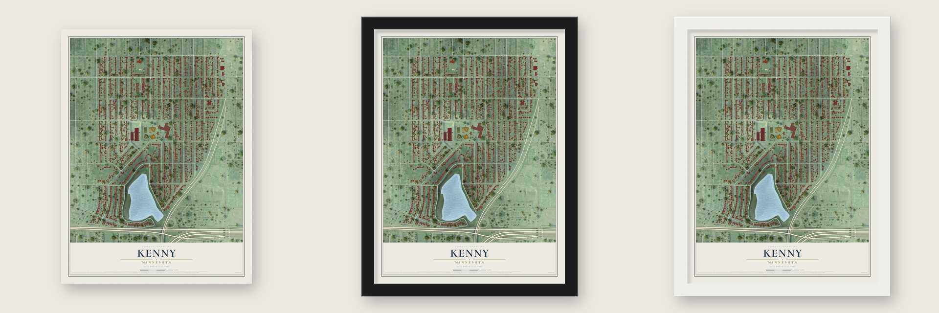 Kenny, Minnesota map unframed, in a black wood frame and in a white wood frame