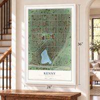 Kenny, Minnesota map, 24 x 36 inch print in a white frame by a staircase