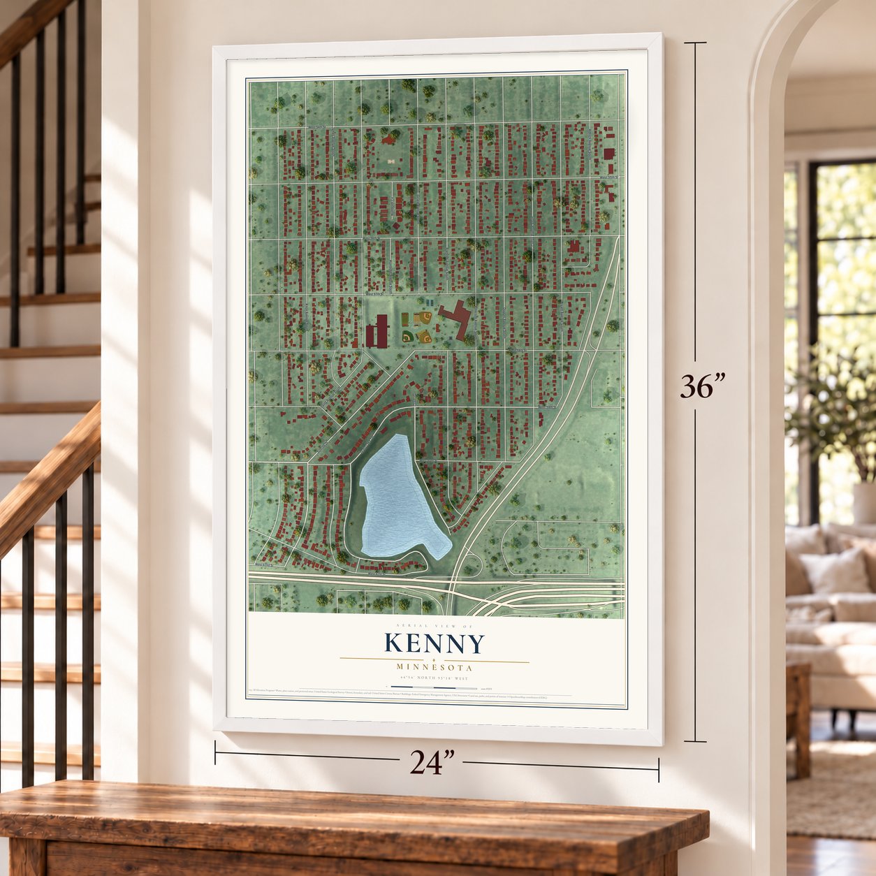 Kenny, Minnesota map, 24 x 36 inch print in a white frame by a staircase