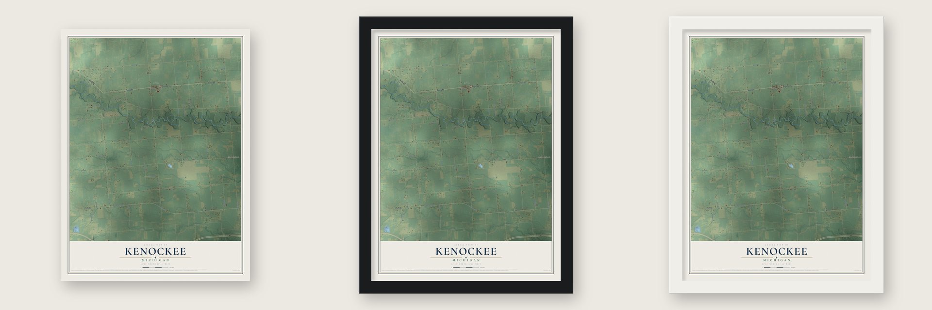 Kenockee, Michigan map unframed, in a black wood frame and in a white wood frame