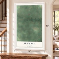 Kenockee, Michigan map, 24 x 36 inch print in a white frame by a staircase