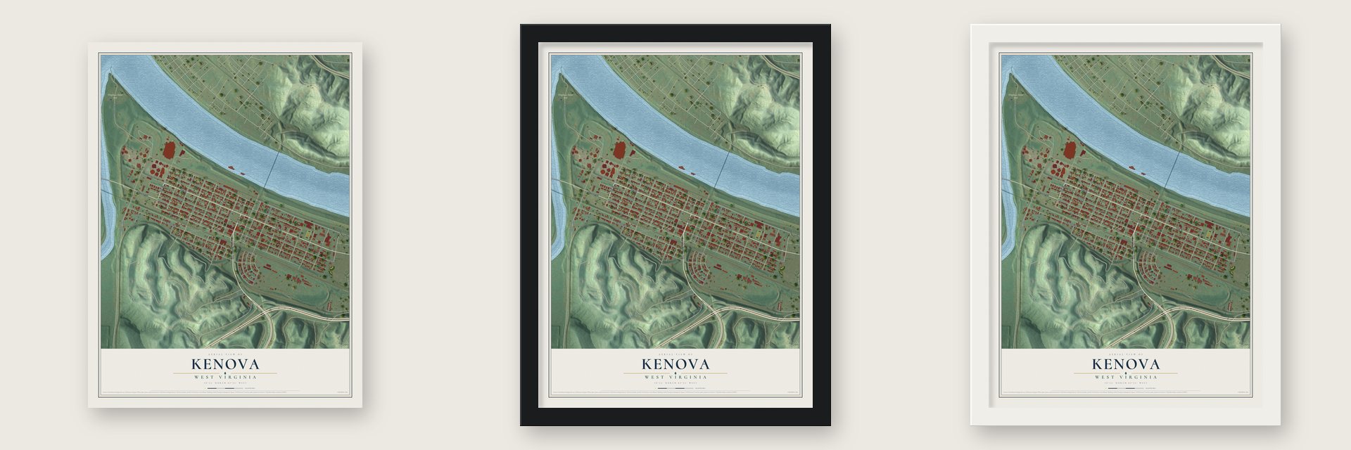 Kenova, West Virginia map unframed, in a black wood frame and in a white wood frame