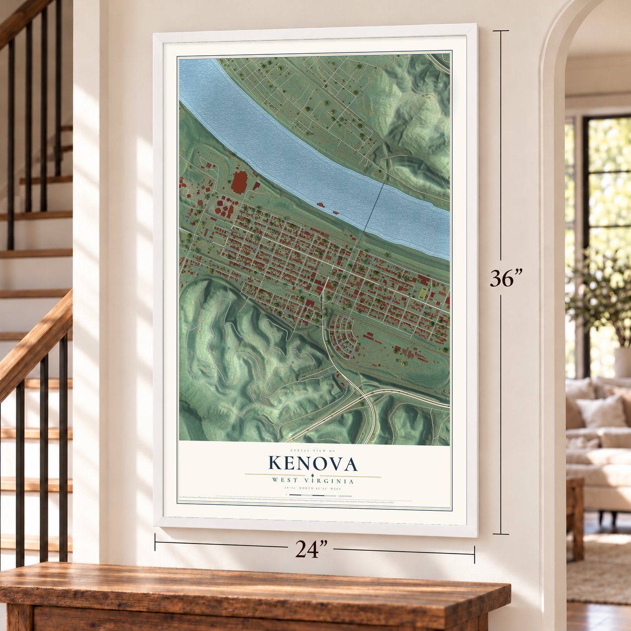 Kenova, West Virginia map, 24 x 36 inch print in a white frame by a staircase