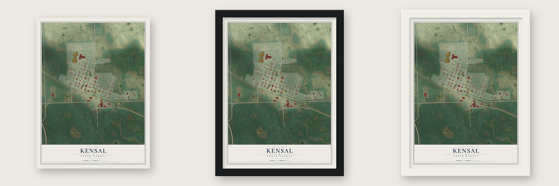 Kensal, North Dakota map unframed, in a black wood frame and in a white wood frame