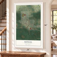 Kensal, North Dakota map, 24 x 36 inch print in a white frame by a staircase