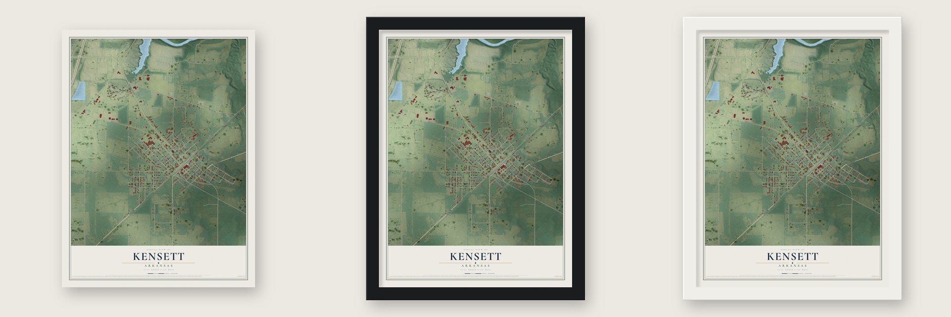 Kensett, Arkansas map unframed, in a black wood frame and in a white wood frame