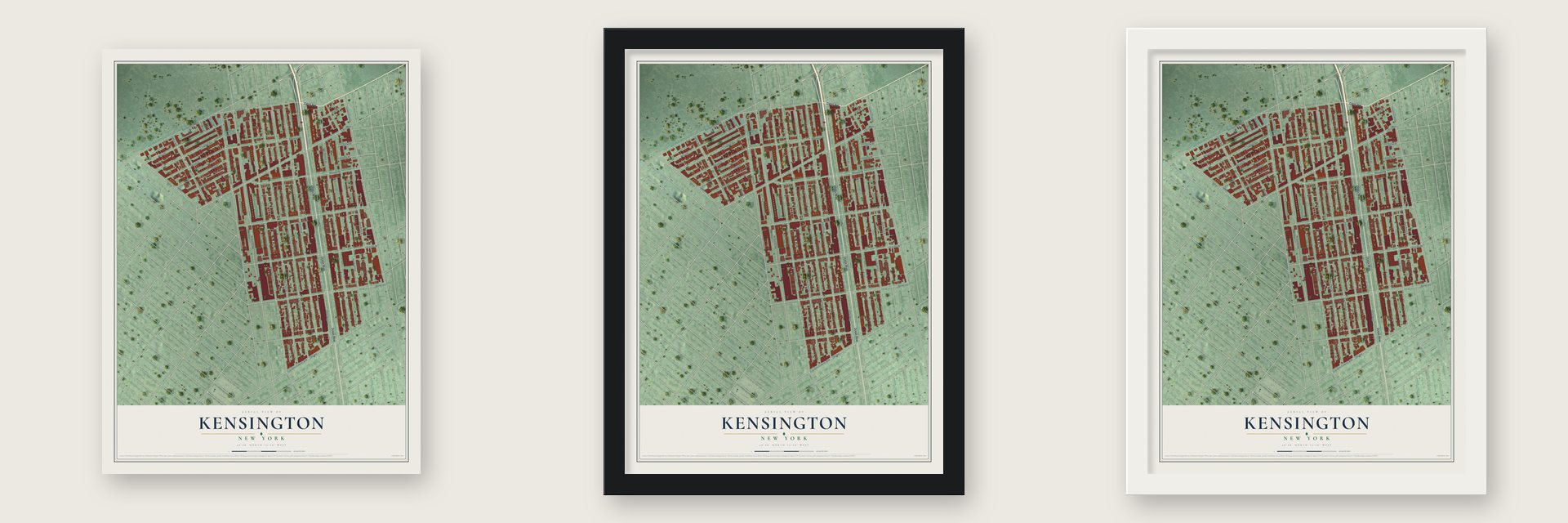 Kensington, Brooklyn, New York map unframed, in a black wood frame and in a white wood frame