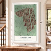 Kensington, Brooklyn, New York map, 24 x 36 inch print in a white frame by a staircase