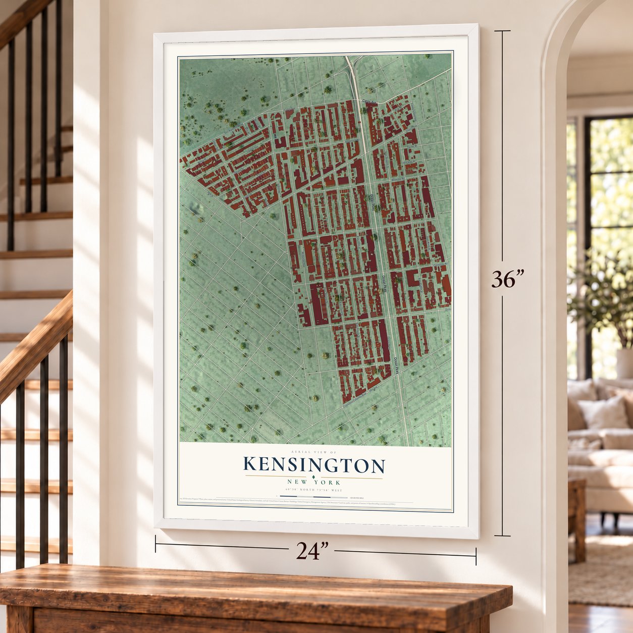 Kensington, Brooklyn, New York map, 24 x 36 inch print in a white frame by a staircase