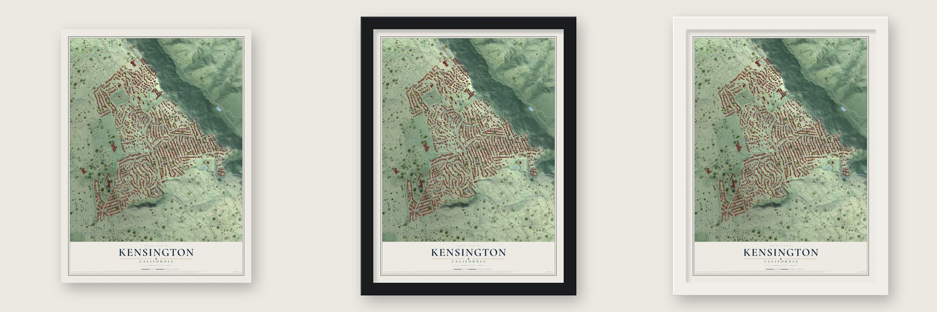 Kensington, California map unframed, in a black wood frame and in a white wood frame