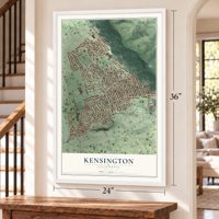 Kensington, California map, 24 x 36 inch print in a white frame by a staircase