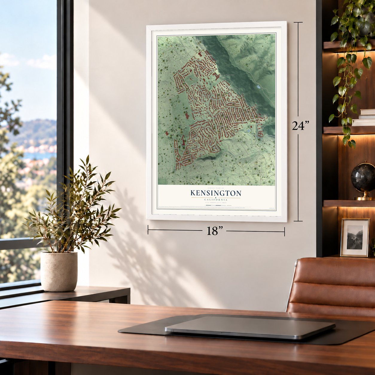 Kensington, California map, 18 x 24 inch print in a white frame in a home office