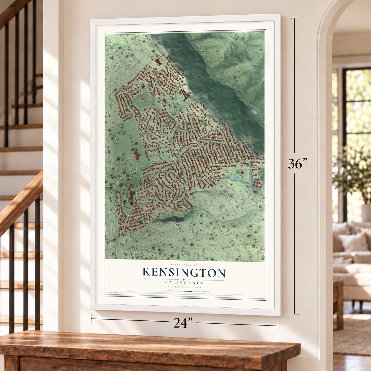 Kensington, California map, 24 x 36 inch print in a white frame by a staircase