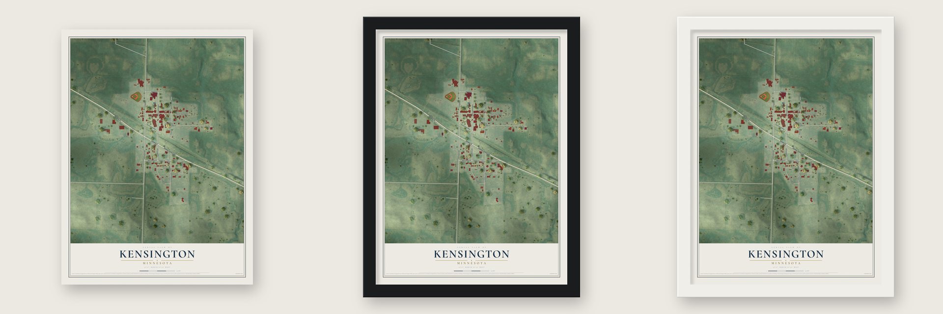 Kensington, Minnesota map unframed, in a black wood frame and in a white wood frame