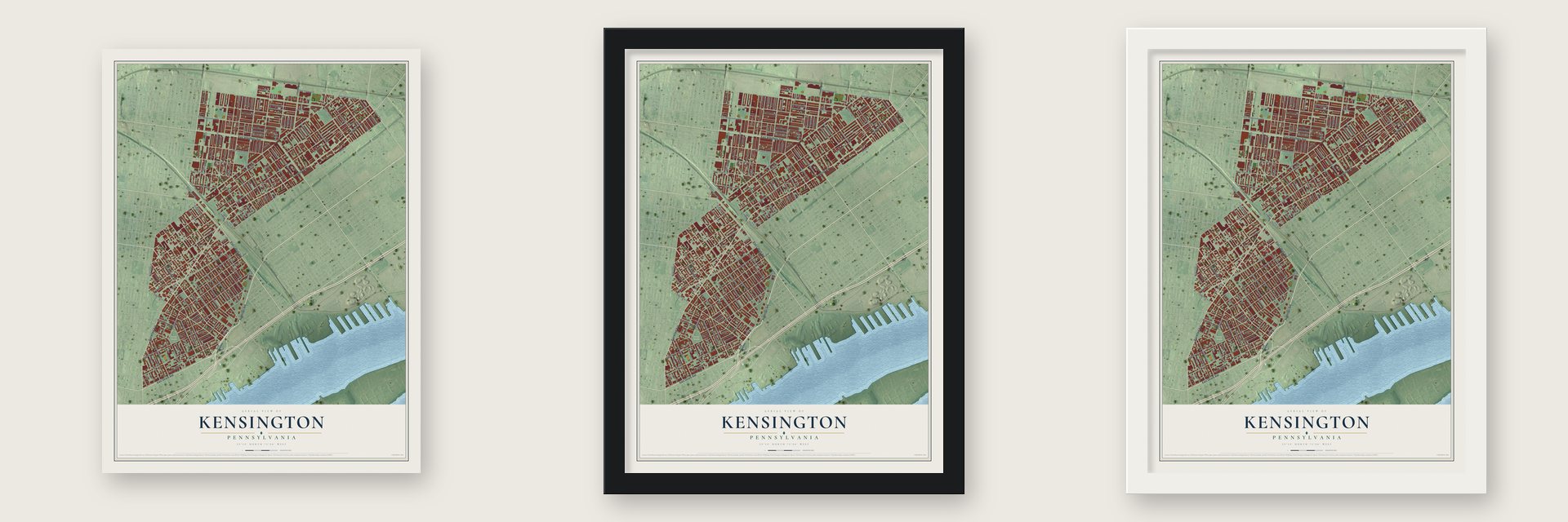 Kensington, Pennsylvania map unframed, in a black wood frame and in a white wood frame