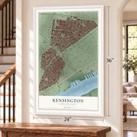 Kensington, Pennsylvania map, 24 x 36 inch print in a white frame by a staircase