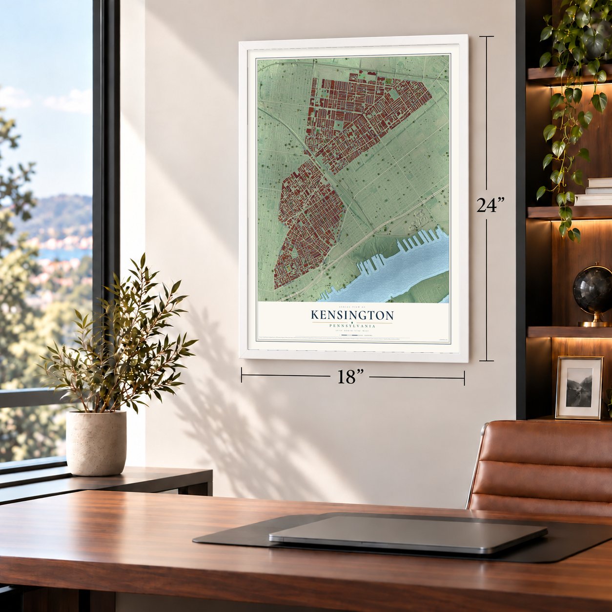 Kensington, Pennsylvania map, 18 x 24 inch print in a white frame in a home office