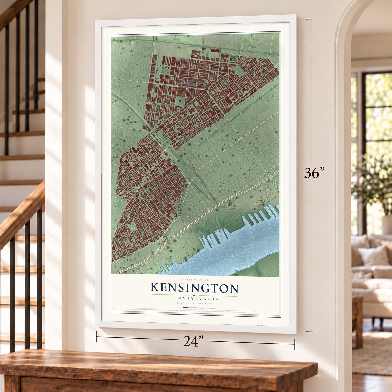 Kensington, Pennsylvania map, 24 x 36 inch print in a white frame by a staircase