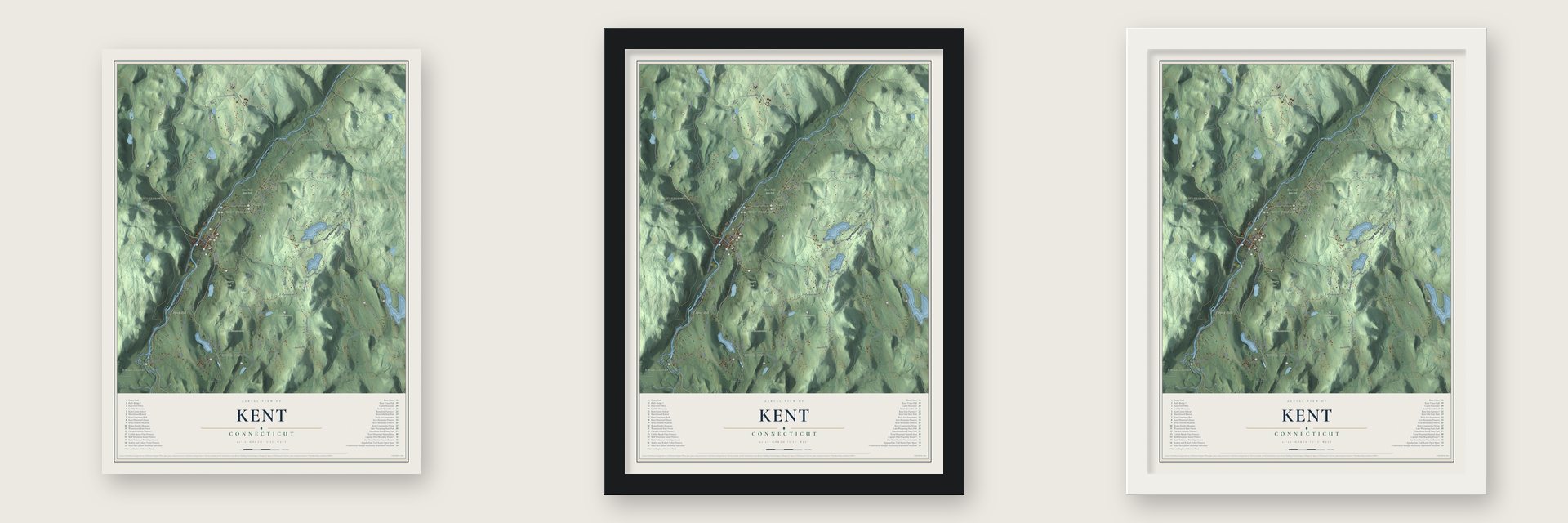 Kent, Connecticut map unframed, in a black wood frame and in a white wood frame