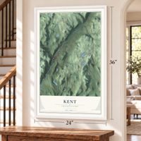 Kent, Connecticut map, 24 x 36 inch print in a white frame by a staircase