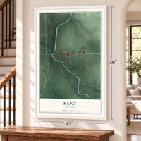 Kent, Indiana map, 24 x 36 inch print in a white frame by a staircase