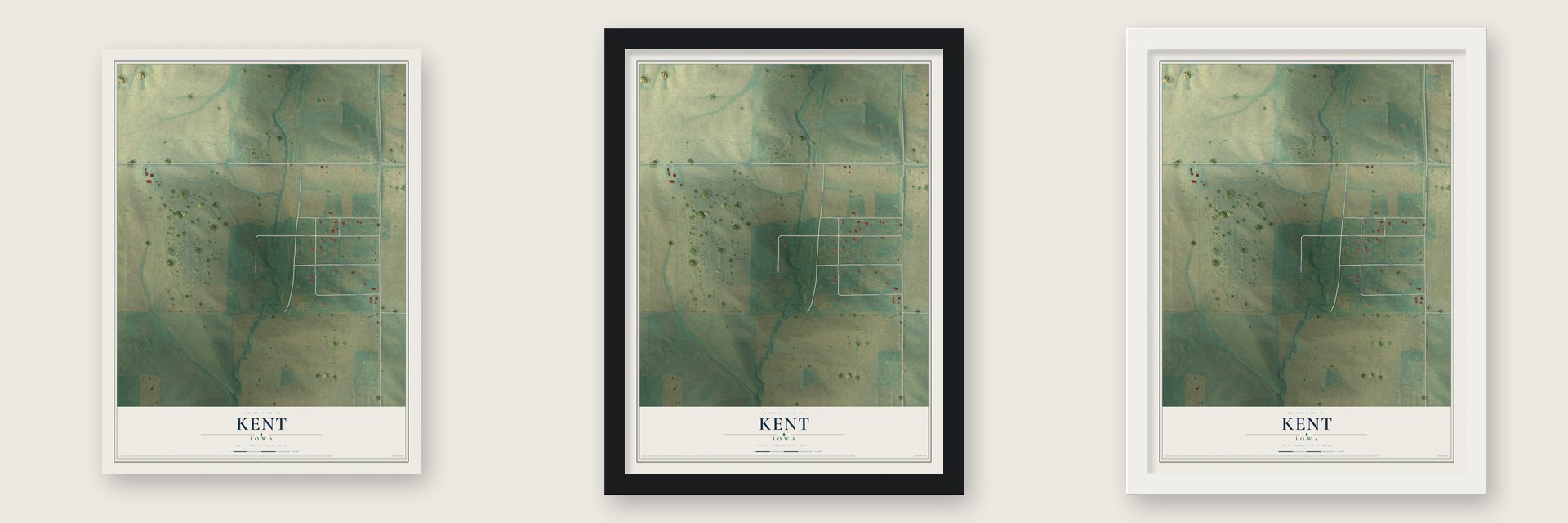 Kent, Iowa map unframed, in a black wood frame and in a white wood frame