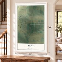 Kent, Iowa map, 24 x 36 inch print in a white frame by a staircase