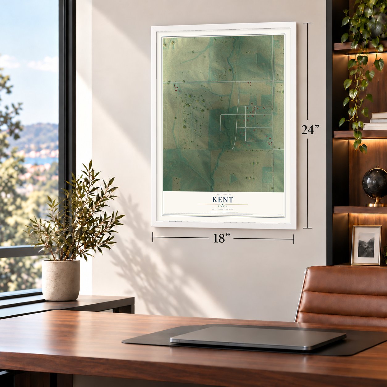 Kent, Iowa map, 18 x 24 inch print in a white frame in a home office