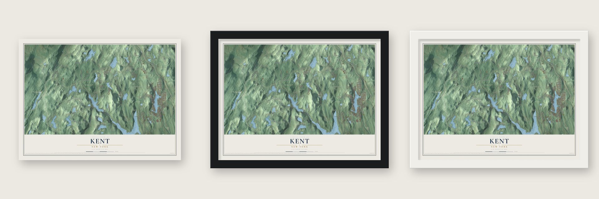 Kent, New York map unframed, in a black wood frame and in a white wood frame