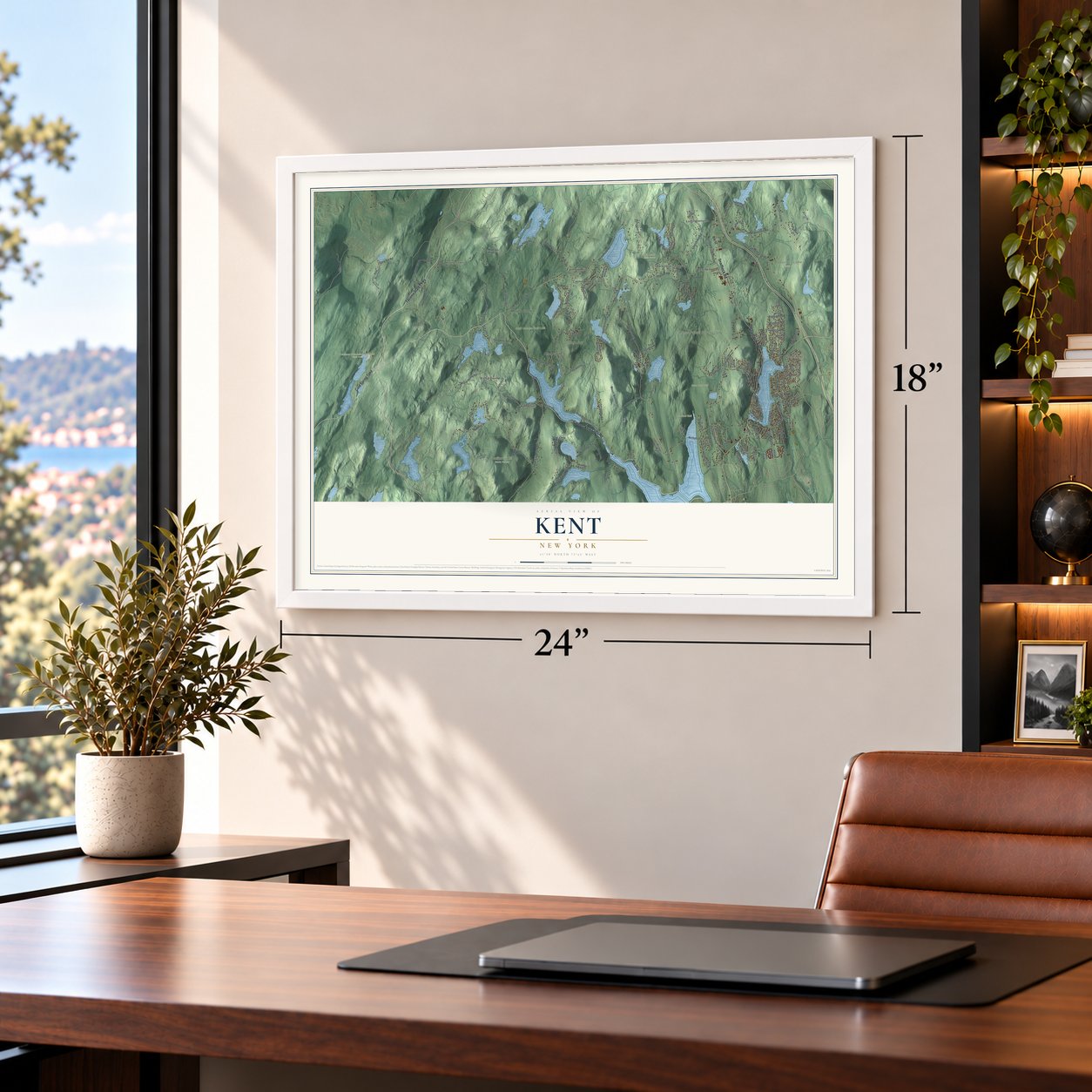 Kent, New York map, 18 x 24 inch print in a white frame in a home office