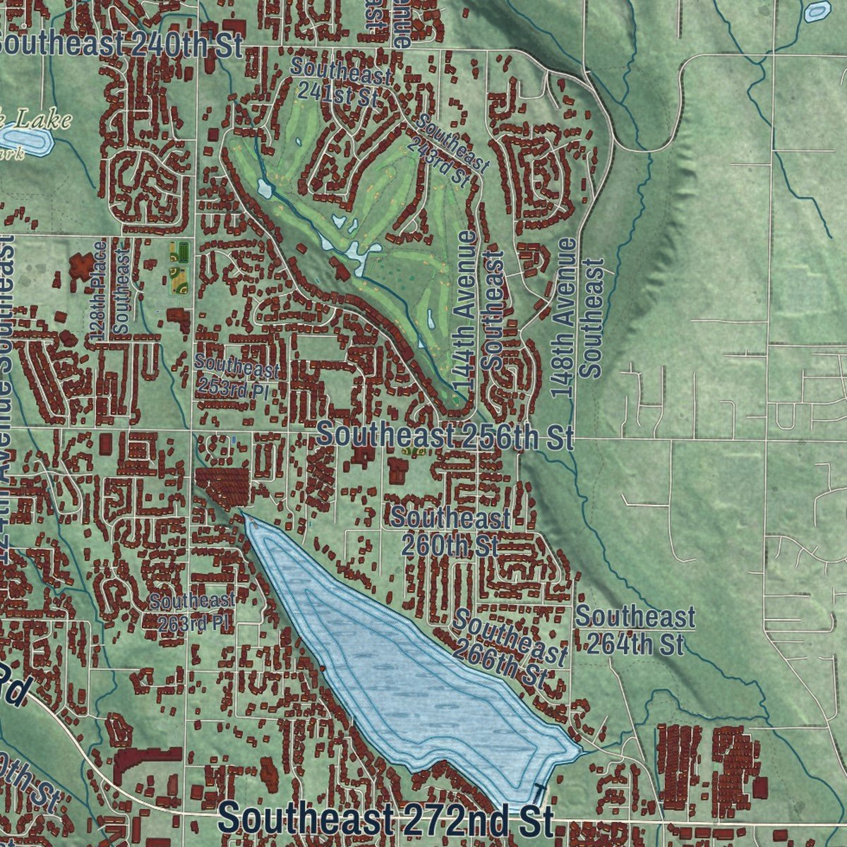Second close-up of the map of Kent, Washington print showing more streets and buildings