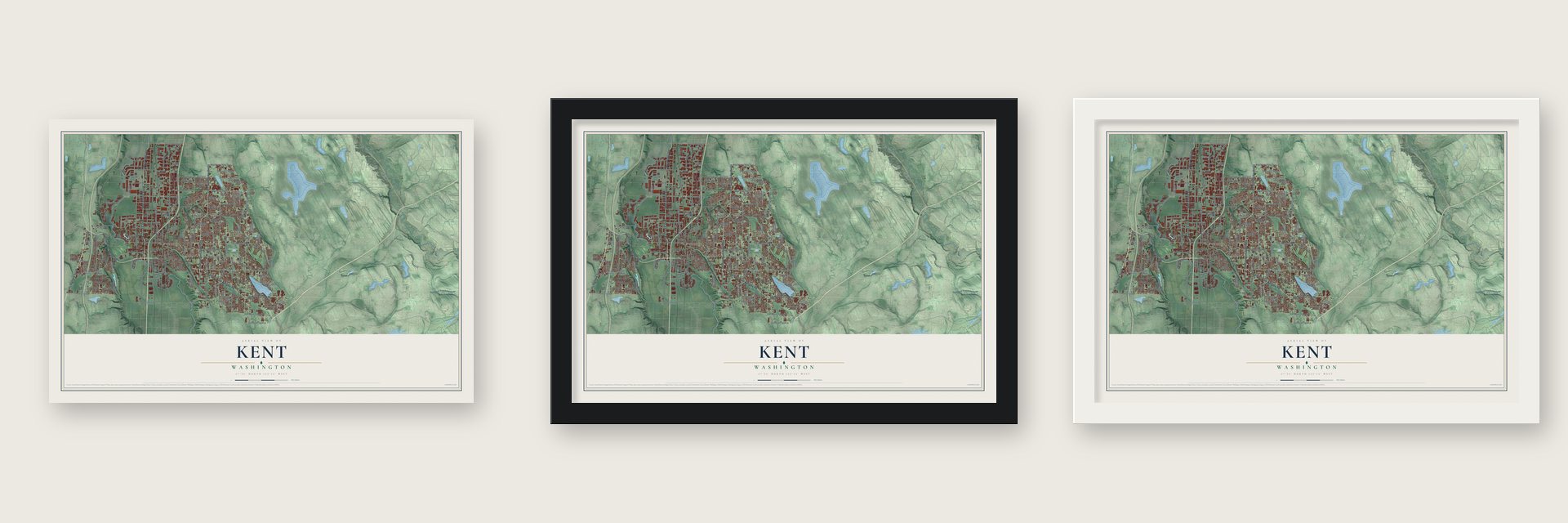 Kent, Washington map unframed, in a black wood frame and in a white wood frame