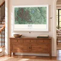 Kent, Washington map, 24 x 36 inch print in a white frame above a dresser by a staircase
