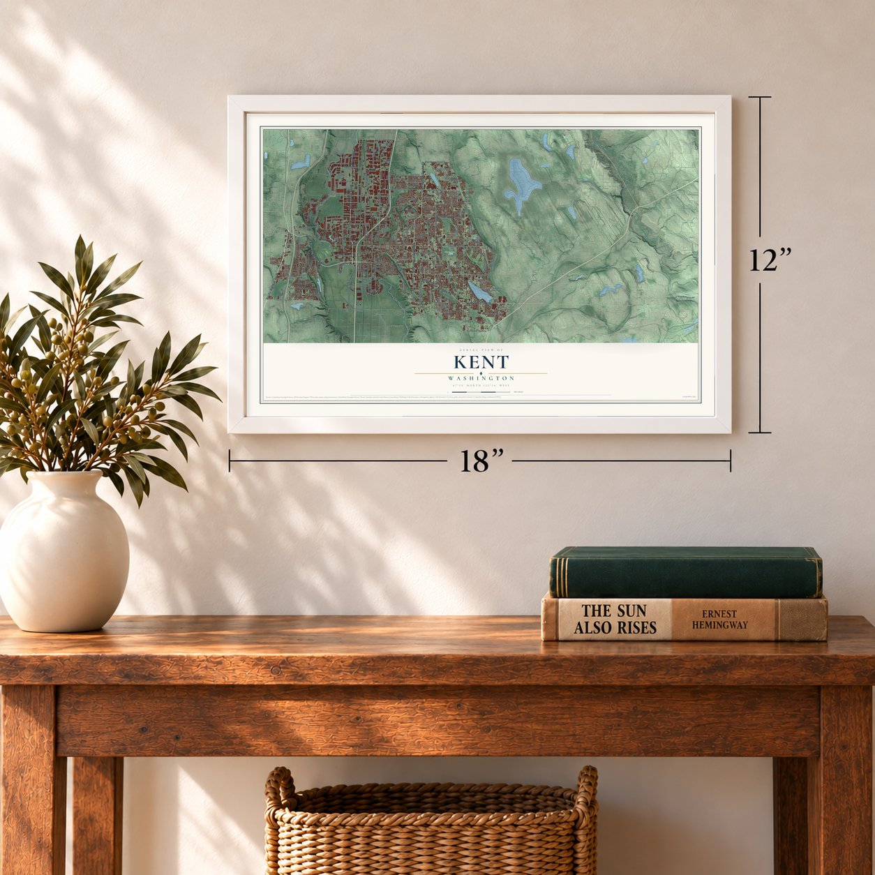 Kent, Washington map, 12 x 18 inch print in a white frame in an entryway