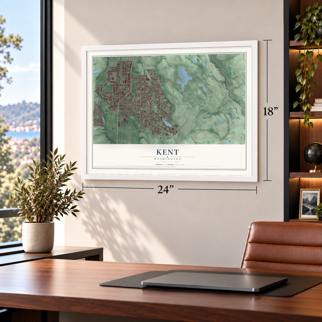 Kent, Washington map, 18 x 24 inch print in a white frame in a home office