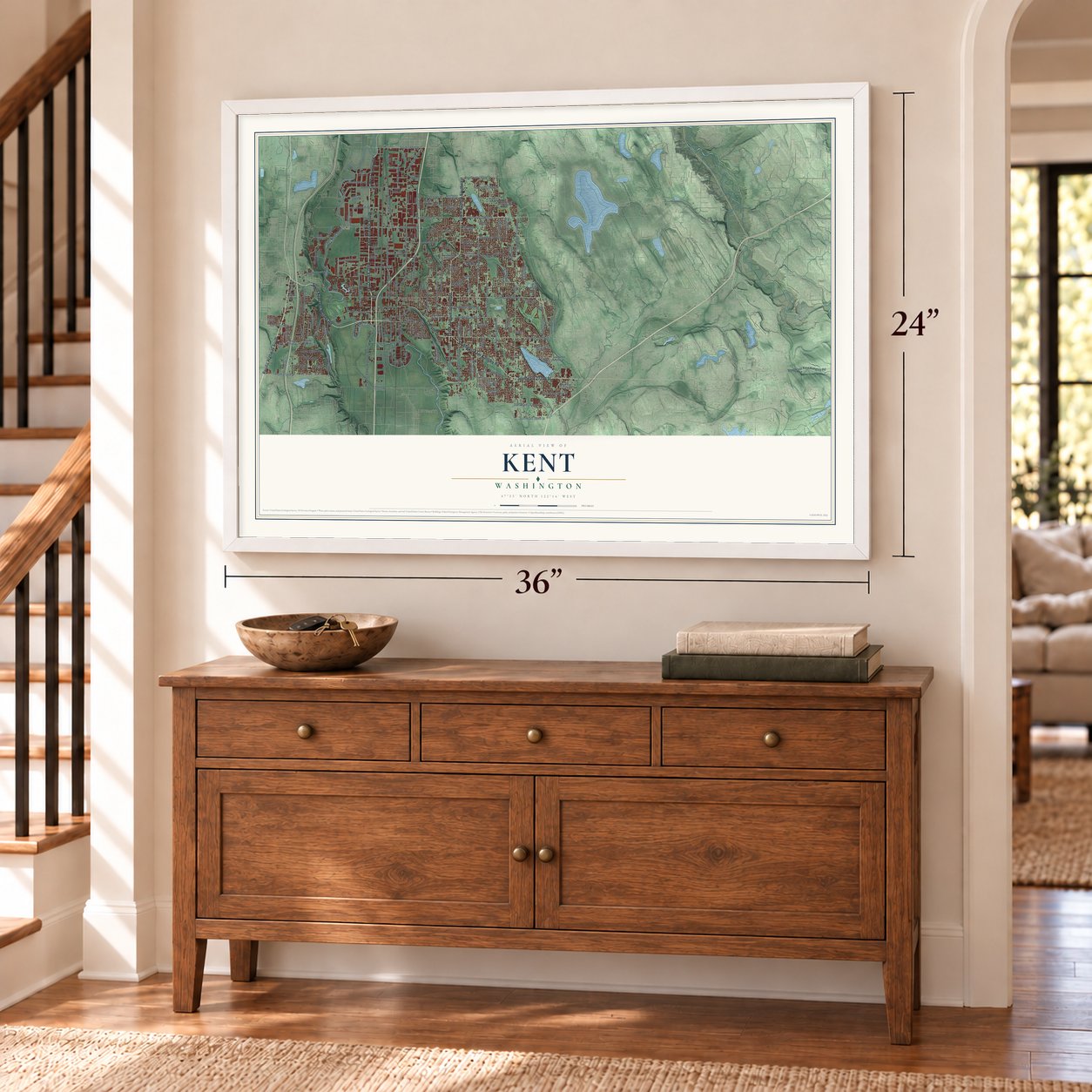 Kent, Washington map, 24 x 36 inch print in a white frame above a dresser by a staircase
