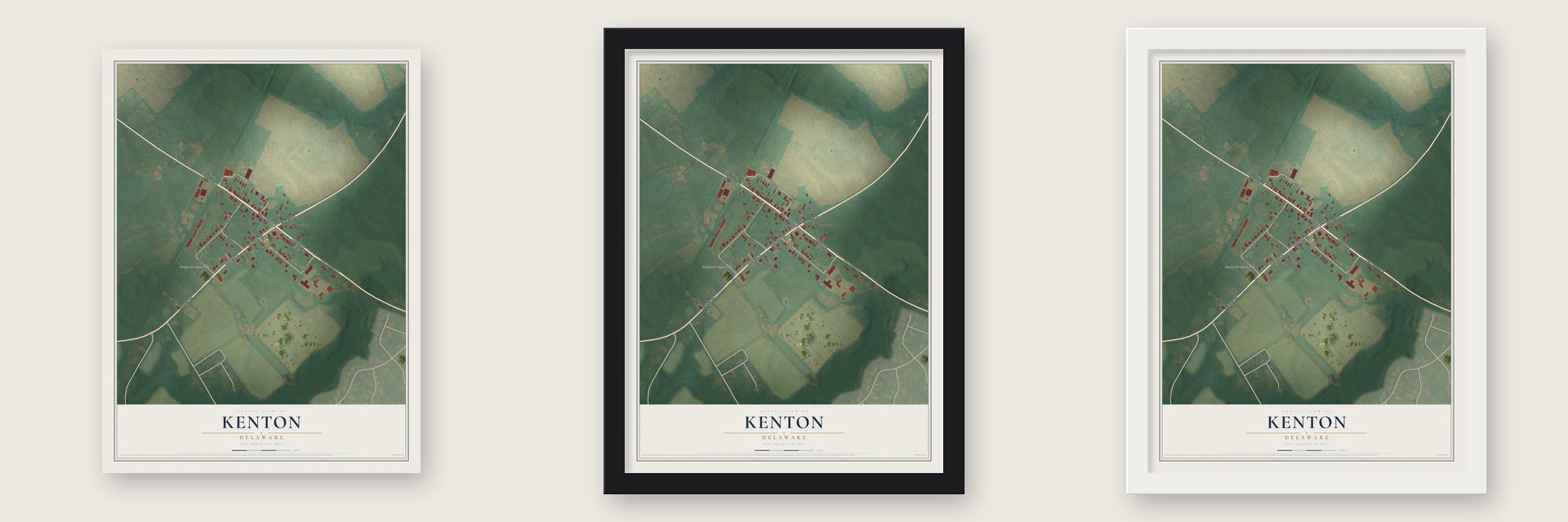 Kenton, Delaware map unframed, in a black wood frame and in a white wood frame