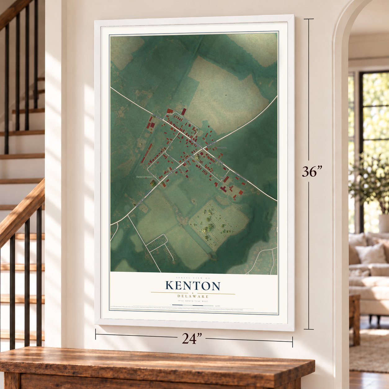 Kenton, Delaware map, 24 x 36 inch print in a white frame by a staircase